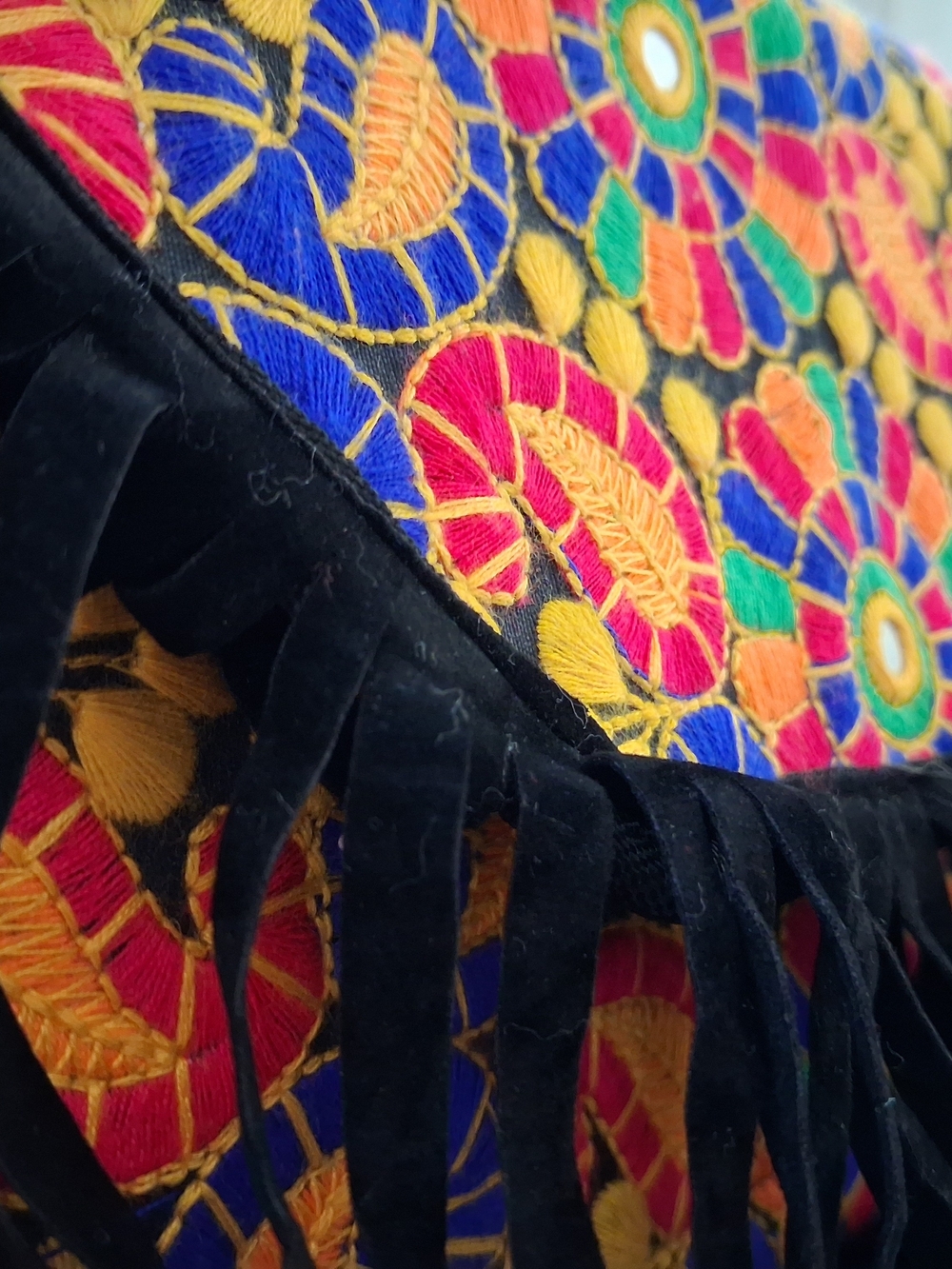 Embroidered Fringe Crossbody Bag - Black with Multicolor Floral Stitching - Picture 3 of 7